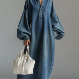 Women’s Blue Denim Maxi Dress – Elegant Urban Half Button Wide Sleeve Relaxed Fit Dress