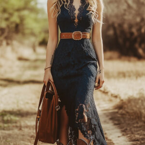 Vintage-Inspired Bohemian Intricate Lace Textured Pattern Sleeveless Waistband Midi Dress