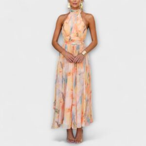Women’s Watercolor Print Maxi Dress – Luxurious Halter Neck Open Back Flowing Silhouette Dress
