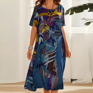 Women's Floral Dress with A-Line Silhouette and Short Sleeves