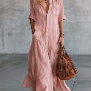 Women’s Pink Cotton Linen Maxi Dress – Retro Western V-Neck Button Front Ruffled Hem Dress