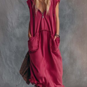 Women’s Hooded Cotton Maxi Dress – Vintage Sporty Chic V-Neck Zip Front with Hidden Pockets