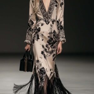 Elegant Bohemian Satin Maxi Dress for Women – V-Neck Tassel Dress with Ruffle Cuffs