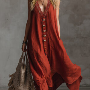 Women’s Cotton Linen Maxi Dress – V-Neck Button Front Lace Trim Breathable Summer Dress