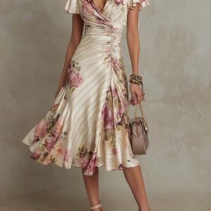Romantic Vintage Floral Chiffon With Ivory Blush Print Midi Dress