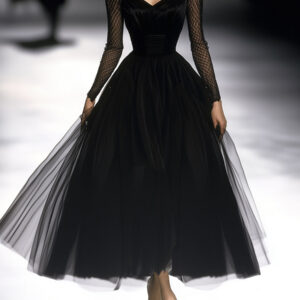 Elegant Sheer-Sleeve Trumpet Sleeves Black Gauze Everyday-Ready Waist-Hugging Maxi Dress