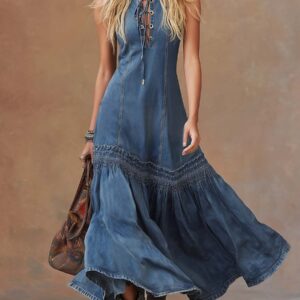 Timeless Vintage Western Denim Maxi Dress – Tie-Neck Bubble Hem Long Dress for Women