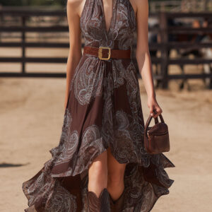 Women’s Boho Chic Paisley Chiffon Midi Dress – Sleeveless V-Neck Belted Elegant Dress