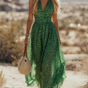 Women’s Leopard Print Chiffon Midi Dress – Bohemian Chic Sleeveless Halter Soft Dress