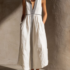 Women’s Cotton Linen Midi Dress – Effortless Lapel Collar Striped Ribbon Detail with Pockets