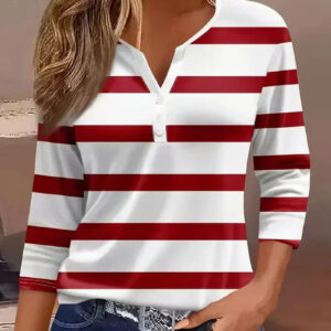 Women's Striped V-Neck Top with Short Sleeves and Lightweight Fabric