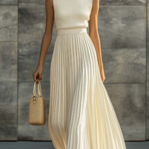 Elegant Timeless Pleated Hem Ultra Soft Knit Top Chiffon Flowing Silky Cream Radiance Maxi Dress