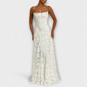 Luxurious Floral-Embroidered Lace-Trimmed Maxi With Delicate Spaghetti Straps Dress
