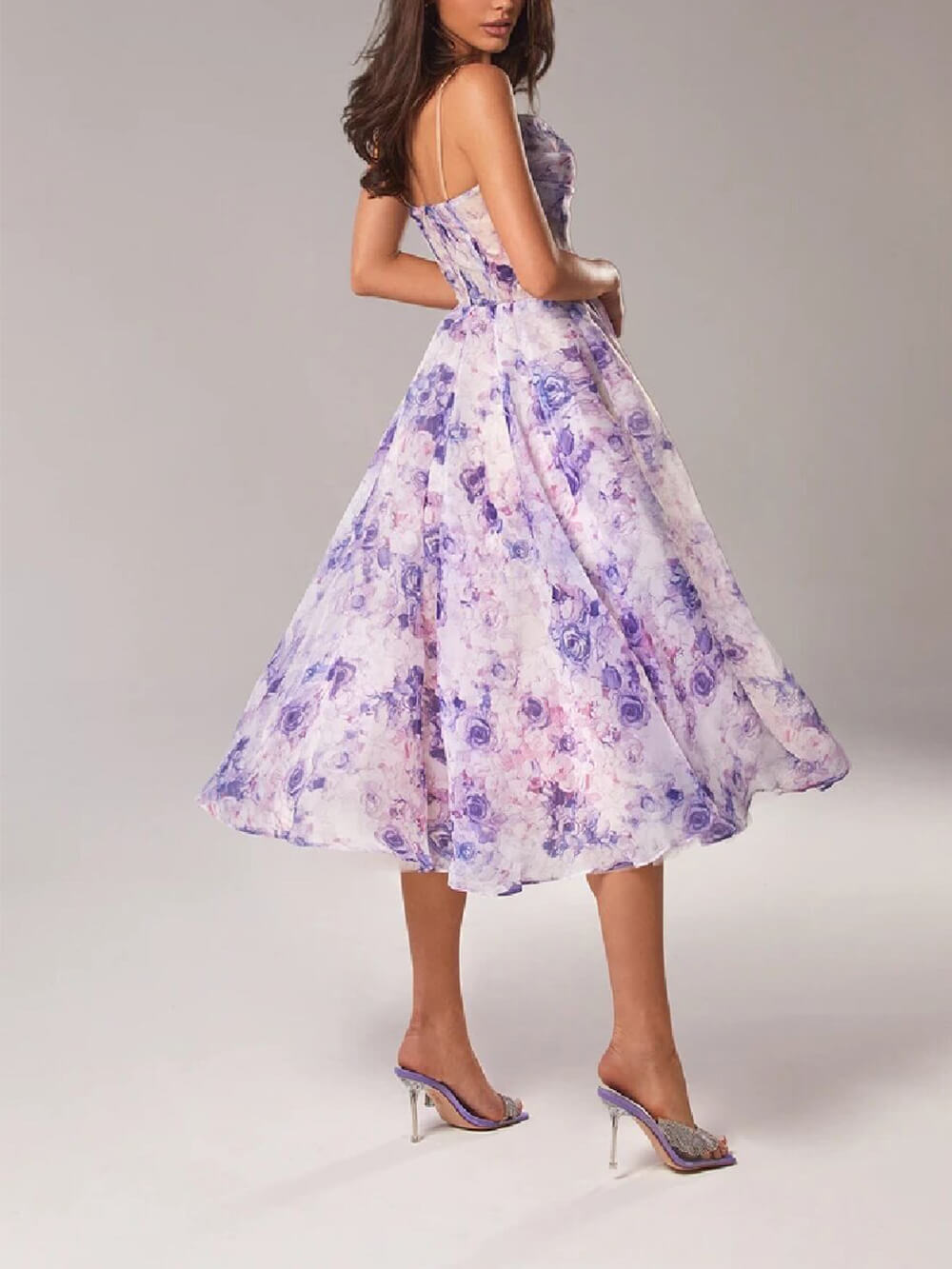 Women’s Floral Print Midi Dress – Romantic Powder Rose Blush Spaghetti Strap A-Line Dress - Image 3