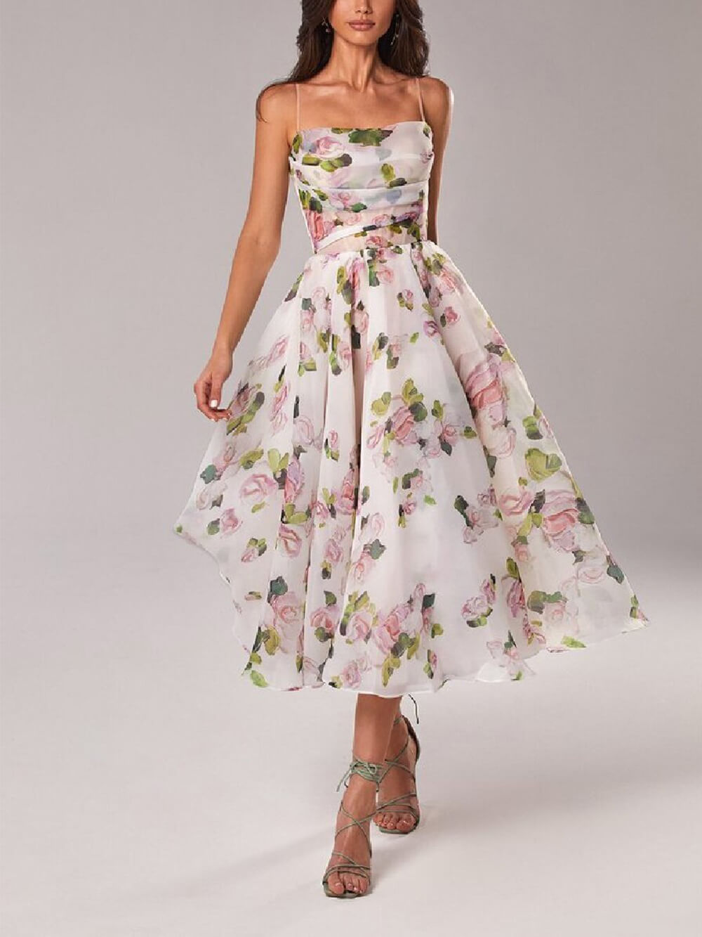 Women’s Floral Print Midi Dress – Romantic Powder Rose Blush Spaghetti Strap A-Line Dress