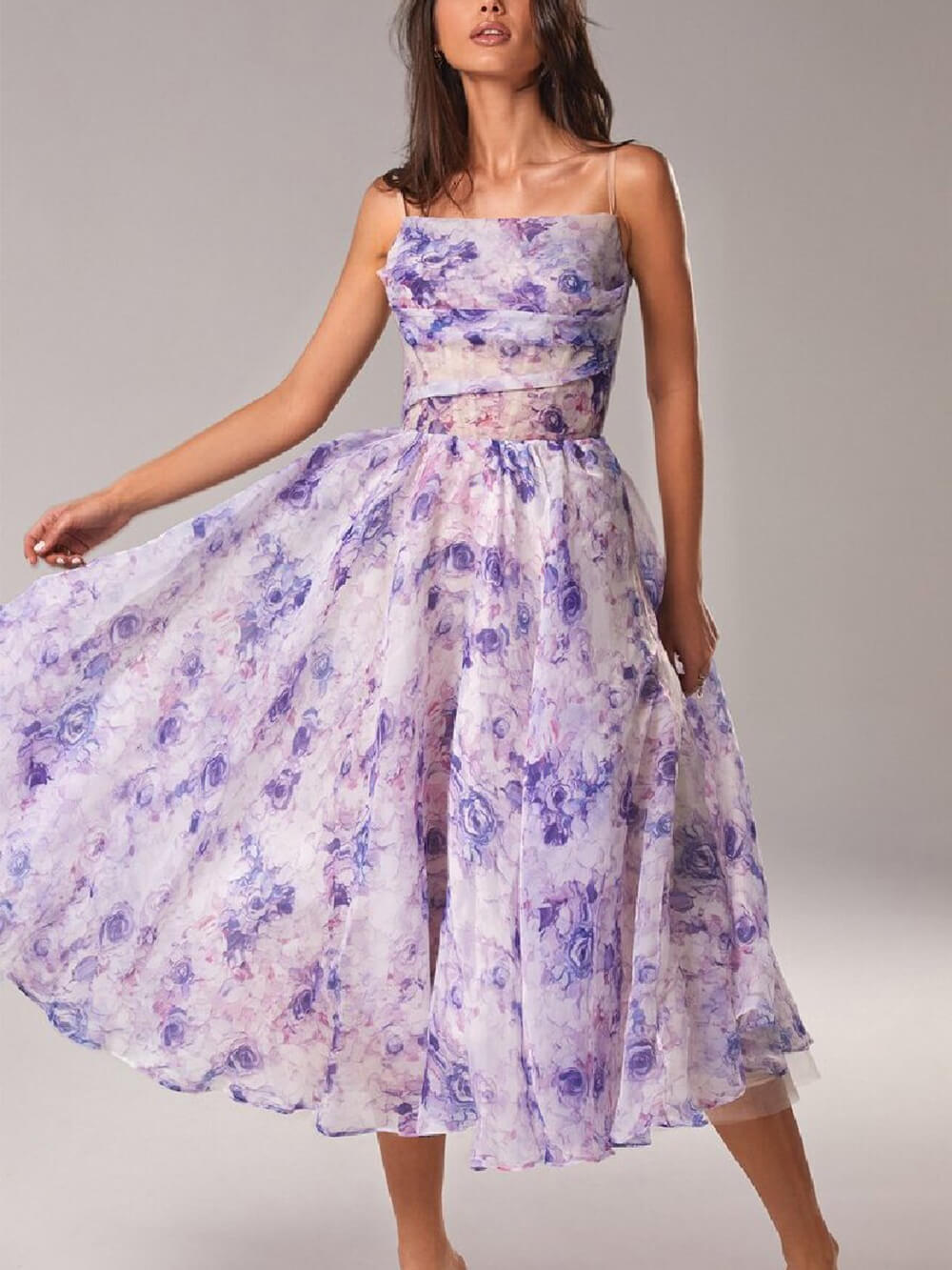 Women’s Floral Print Midi Dress – Romantic Powder Rose Blush Spaghetti Strap A-Line Dress - Image 2