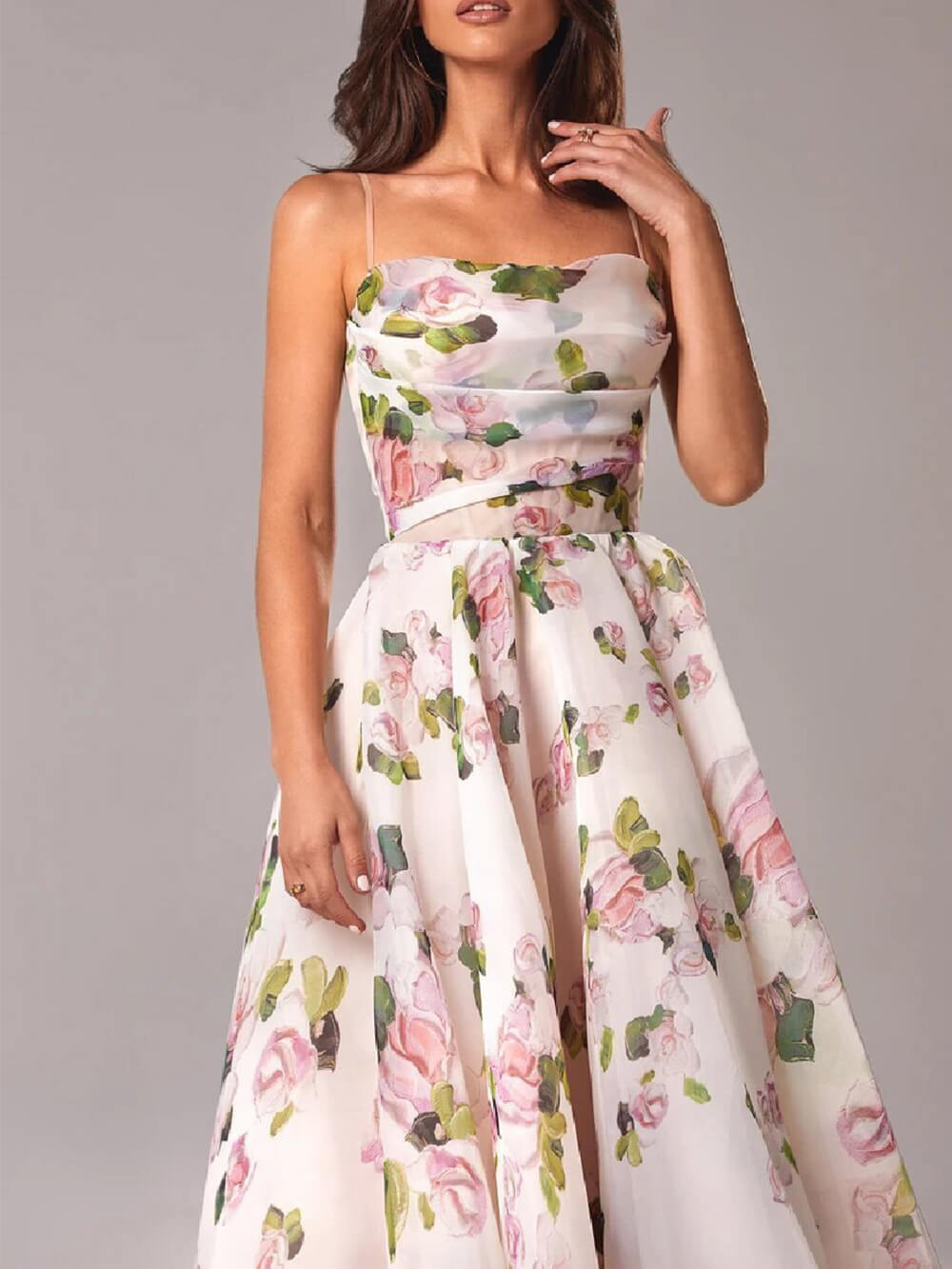 Women’s Floral Print Midi Dress – Romantic Powder Rose Blush Spaghetti Strap A-Line Dress - Image 4