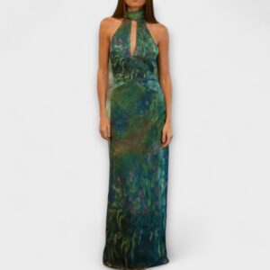 Women’s Iris Print Silk Maxi Dress – Elegant Garden Inspired Draped Silhouette Dress