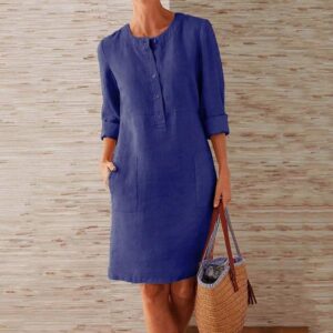 Women’s Cotton Linen Shift Dress – Button Front Knee Length Chic Dress with Pockets