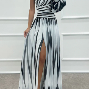 Alluring Sophisticated Pinstriped One Shoulder Sateen Weave Draped Waistline Maxi Dress