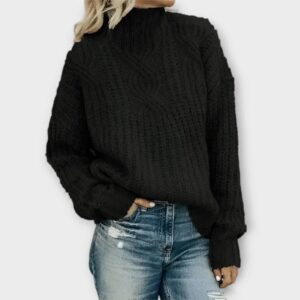 Women's High-Neck Sweater with Ribbed Texture and Long Sleeves
