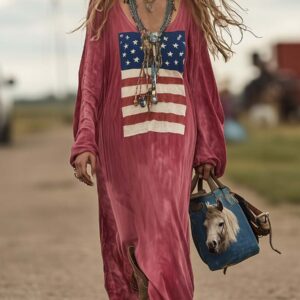 Women’s Pink Cotton Maxi Dress – Flag Print Heritage Style Ultra Breathable Soft Velvet Dress