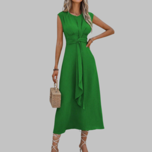 Women’s Crepe Midi Dress – Sophisticated Sleeveless Round Neck Tie Waist Belted Dress
