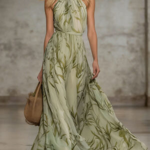 Women’s Halter Neck Maxi Dress – Elegant Leaf Print Silky Chiffon Sleeveless Dress