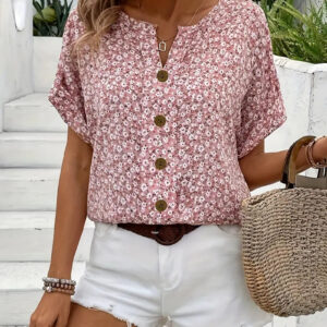 Women's Floral Print Blouse with Short Sleeves and Lightweight Fabric