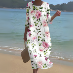 Women's Floral Print Dress with Short Sleeves and A-Line Fit
