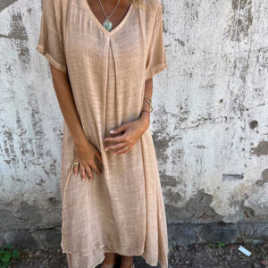 Women's V-Neck Dress with Loose Fit and Versatile Style