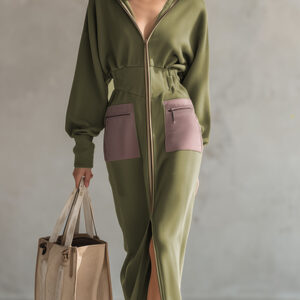 Women’s Olive Green Maxi Dress – Slim Fit Hooded Zip-Up Cotton Long Sleeve Dress with Contrast Pockets