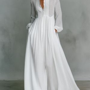 Women’s Cotton Linen Maxi Dress – Luxurious Patchwork Stand Collar Single Breasted Design