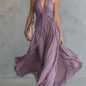 Elegant Halter Maxi Dress for Women – V-Neck Chiffon Dress with Flowy Fit
