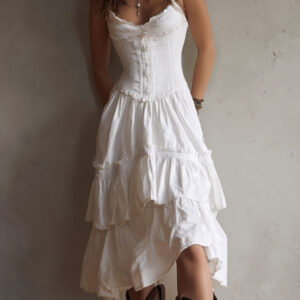 Vintage Inspired Corset-Style Bodice Ivory Lace Intricately Embroidered Tiered Midi Dress