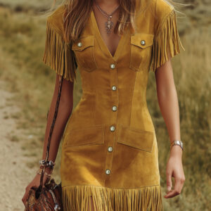 Western-Style Vintage V-Neck Fringed Faux Suede Mini Dress