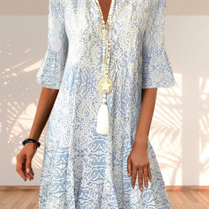 Luxurious Bohemian Floral Print Lightweight Powder Blue V-neck Flowing Maxi Length Dress