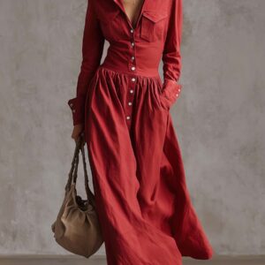 Women’s Cotton Linen Blend Trench Coat Maxi Dress – Lapel Front Button Breathable Design