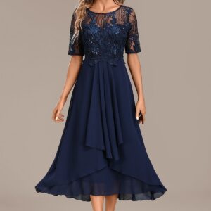 Women's Lace Short Sleeve Dress with Round Neck and Elegant Design