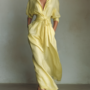 Women’s Lemon Yellow Cotton Linen Maxi Dress – Tie Waist Voluminous Sleeve Elegant Dress