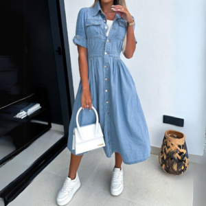 Supremely Sophisticated Buttonfront Denim With Contoured Cinched Waist Midi Dress