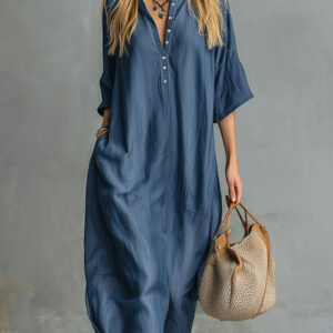 Women’s Tencel Denim Maxi Dress – Flowing Button Front Elegant Everyday Dress