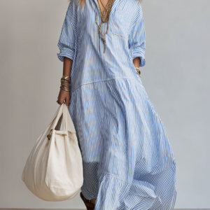 Effortlessly Stylish Button Front Striped Maxi Oversized Silhouette Shirt Dress