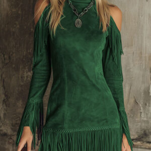 Semi-High Neck Off-the-Shoulder Fringed Faux Suede Long-Sleeved Mini Dress