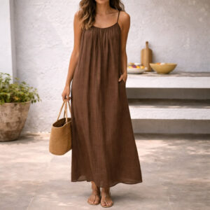 Effortlessly Spaghetti Strap Linen Gathered Neckline Pockets Breathable Maxi Dress