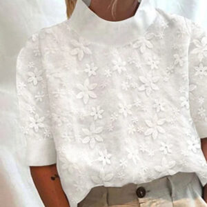 Women's Floral Stand-Up Collar Top with Button Closure and Lightweight Fabric