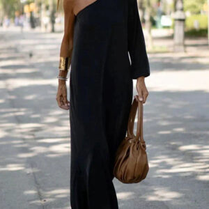 Women’s Asymmetric Shoulder Maxi Dress – Elegant Solid Geometric Silhouette Floor Length Dress