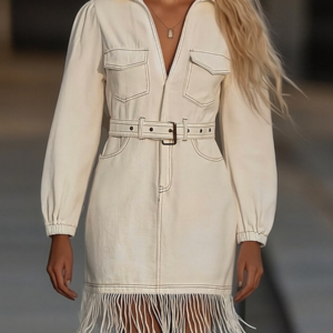 Retro High-End Fashion Tassel Splicing Denim Mini Dress