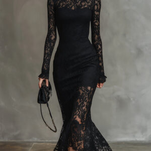 Stylish Elegant Black Stretch Lace Fishtail Hem Fitted Waist Maxi Dress