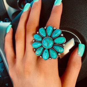 Women's Alloy Flower Ring with Turquoise Accent and Unique Design